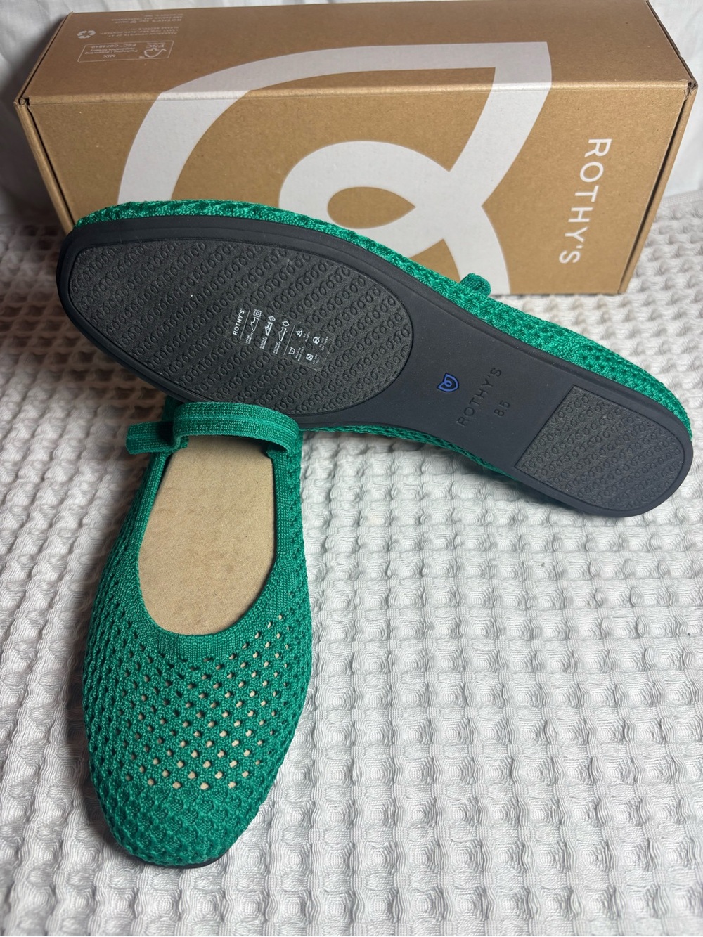 Rothy's Green Knit Mary Jane Flats with Blue Trim - Picture 3 of 6